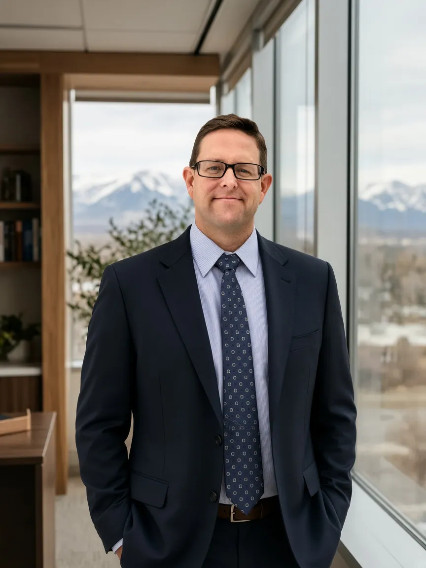 Attorney Brian Musell in a bright Colorado office with mountain views