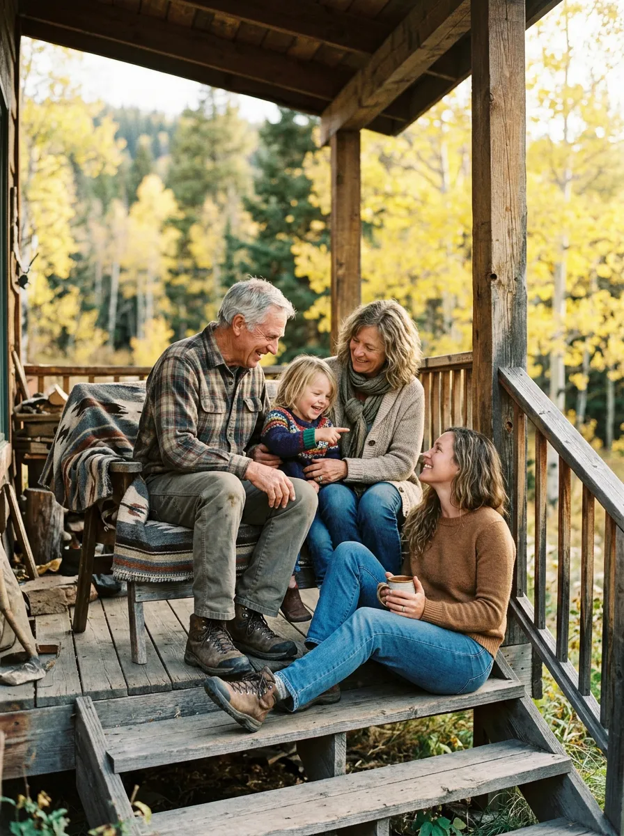 Grandparents, their daughter, and a grandchild laughing together on a wooden porch