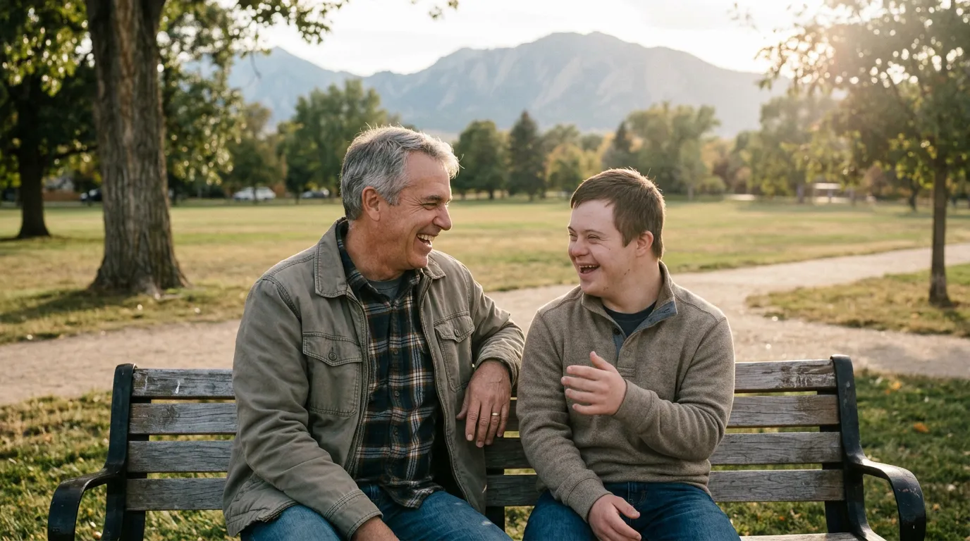 A father and his adult son laughing together on a park bench