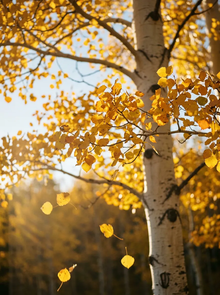Golden aspen leaves on a white aspen trunk in autumn light
