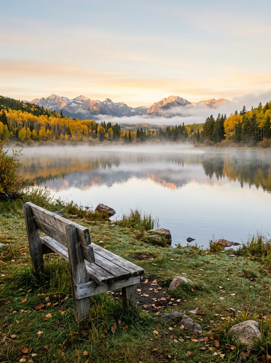 A calm mountain lake at morning with a wooden bench on the shore