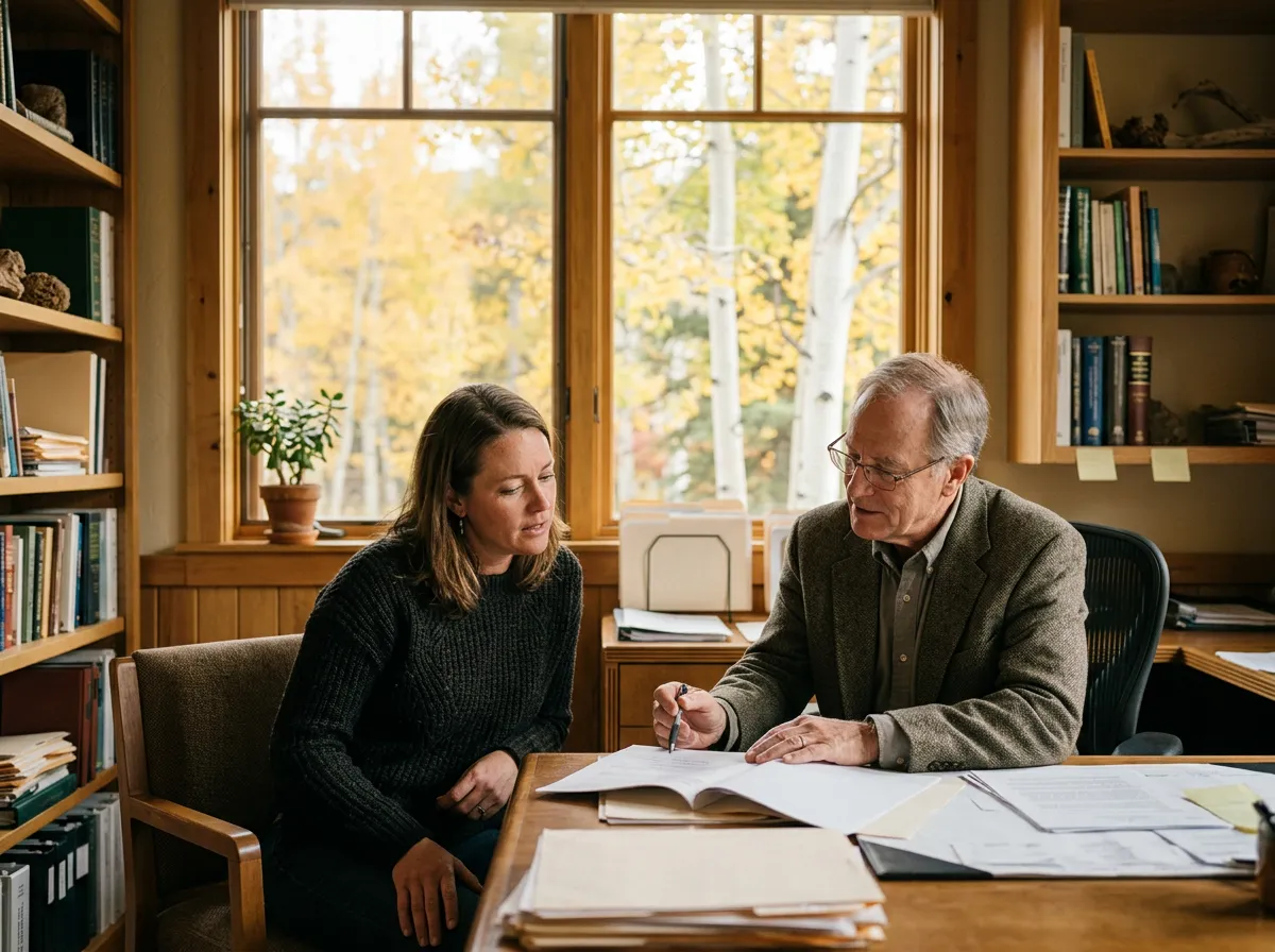 An attorney and a client reviewing documents at a desk by a window with autumn aspens