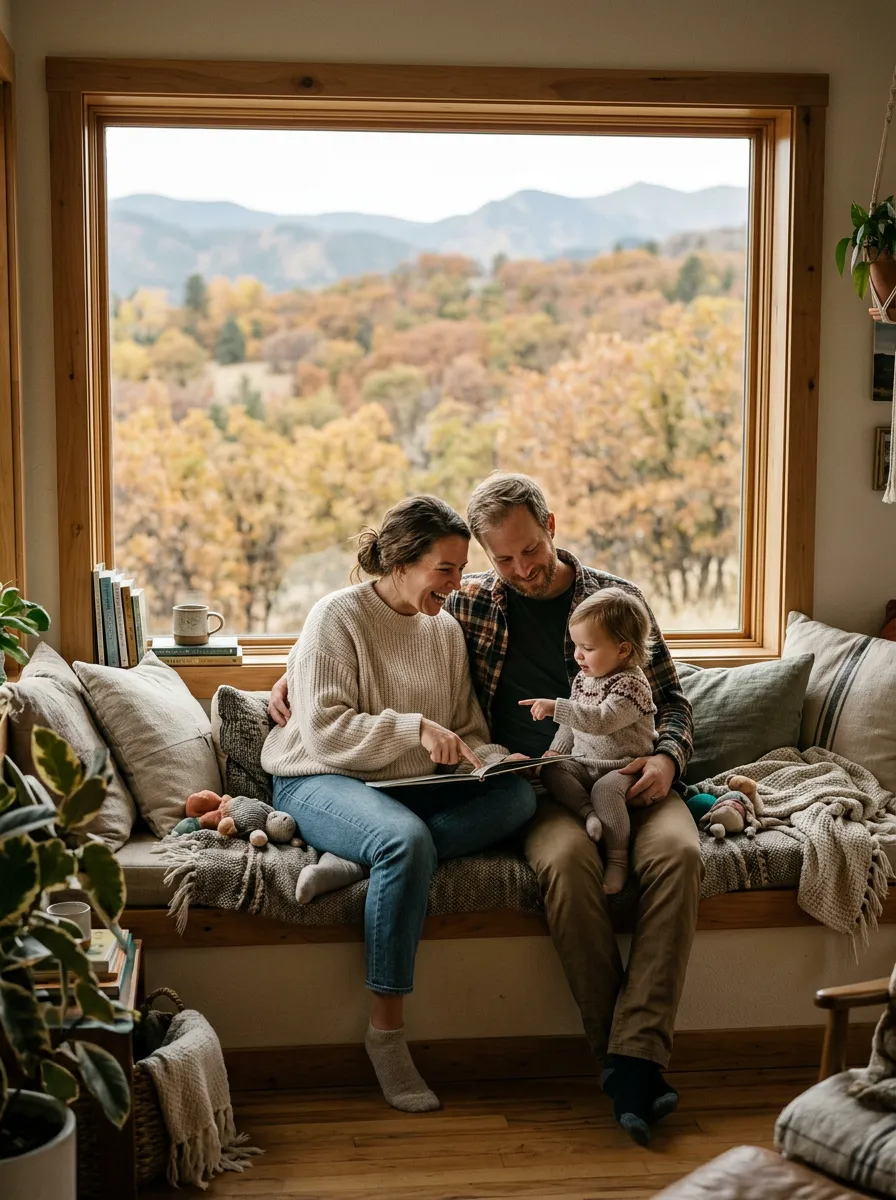 Young parents reading with their toddler on a sofa by a window